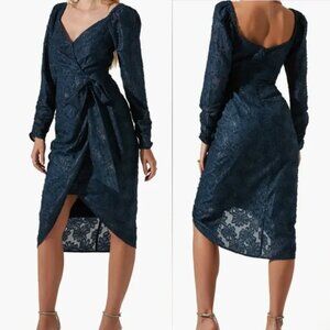 NWT ASTR The Label Terese Metallic Floral Faux Wrap Midi Dress in Navy Blue
